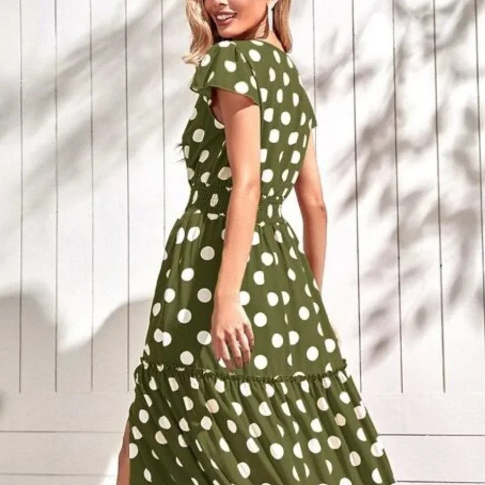 green polka dot print ruffle hem maxi dress - Picture 5 of 6